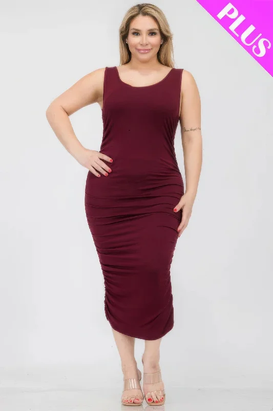 Plus Size Square Neck Ruched Bodycon Midi Dress Stylish Satin Midi Dress