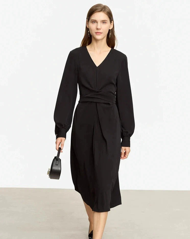 Black Minimalist V-neck A-Line Midi Dress Cozy T-shirt Midi Dress