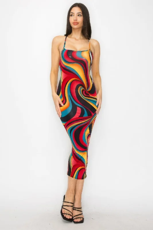 Crossed Back Marble Print Multicolor Midi Dress Stylish Halter Neck Midi Dress