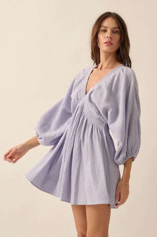 Dawn of Love Crinkle Cotton Kimono Mini Dress Fashionable Pleated Mini Dress