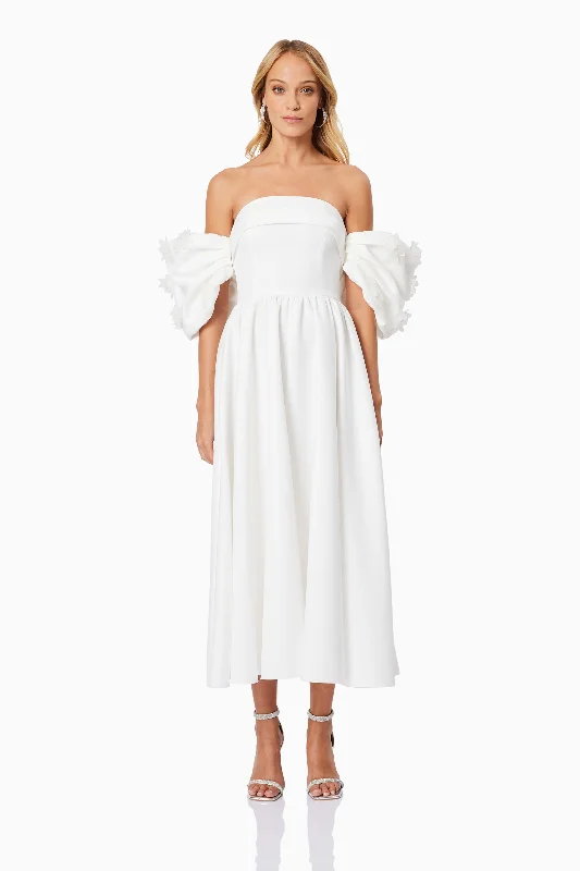 Destiny Off Shoulder Midi Dress in White Cozy A-Line Midi Dress