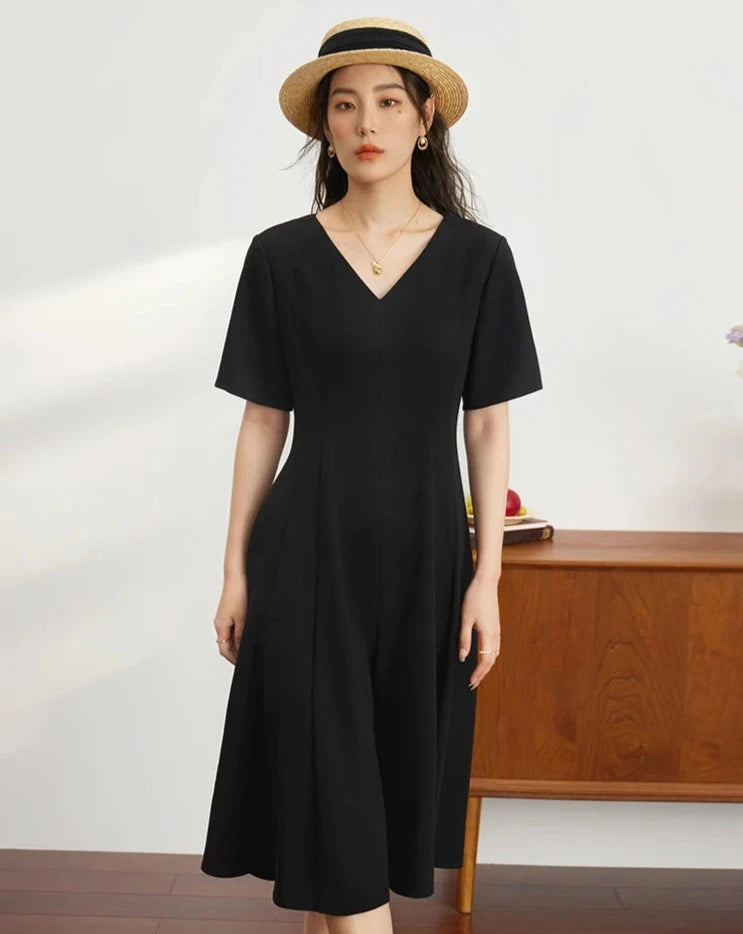 Elegant Black Midi Dress Trendy Shift Midi Dress