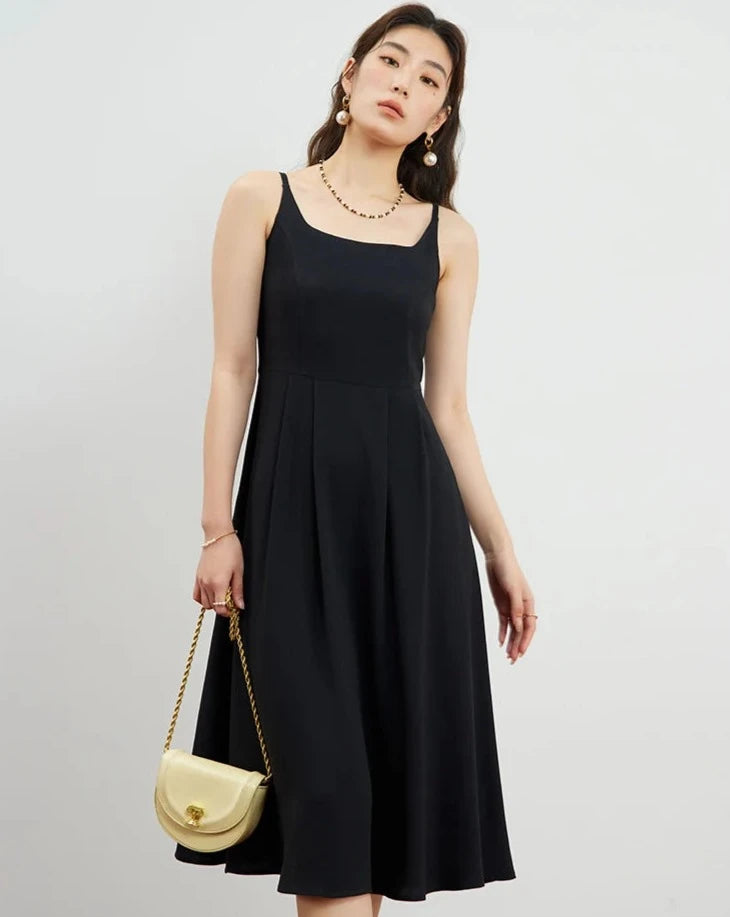 Black Sleeveless Midi Dress Comfortable Ruched Midi Dress