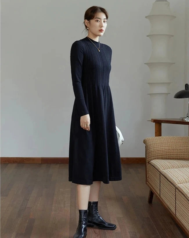 Knitted A-Line Midi Dress Elegant Faux Wrap Midi Dress