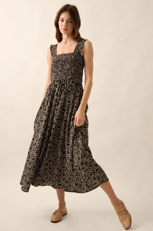 Filigree Flowers Smocked Floral Midi Dress Chic Off-Shoulder Midi Dress