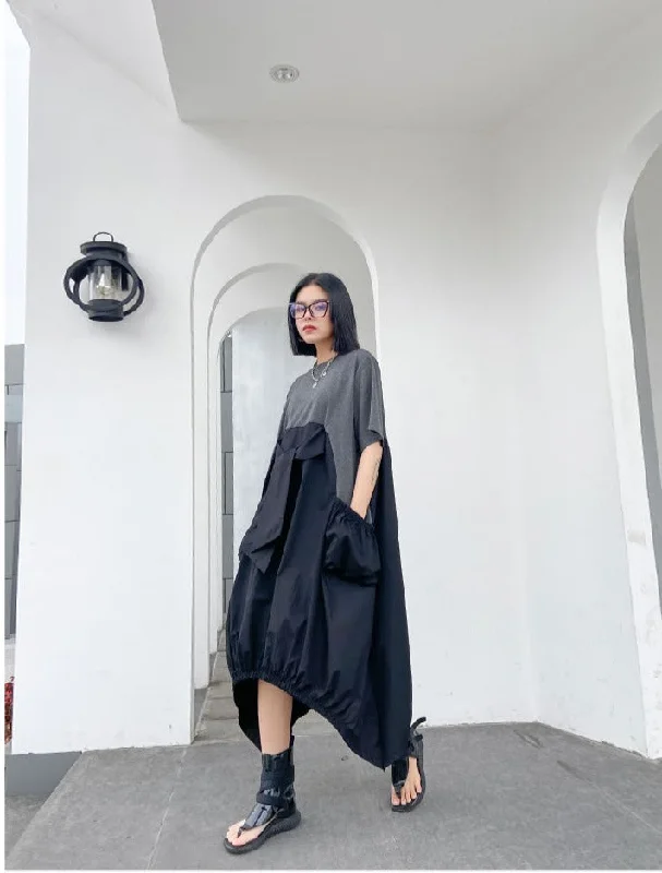 Irregular Pleated Front Tie Midi Dress | Oversized Midi Dress | Colorblock Dress Fashionable High-Low Midi Dress