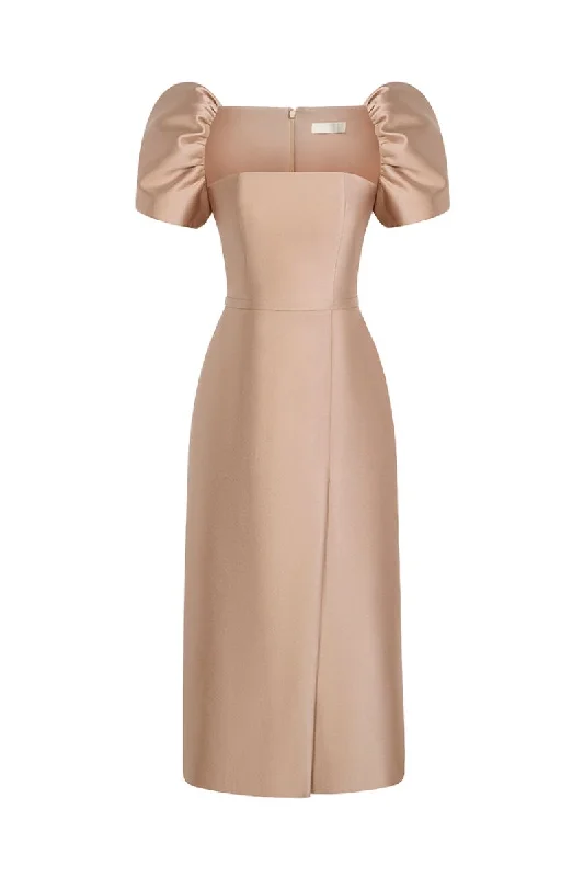 GOLD PUFF SLEEVE MIDI DRESS Trendy Flared Sleeve Midi Dress