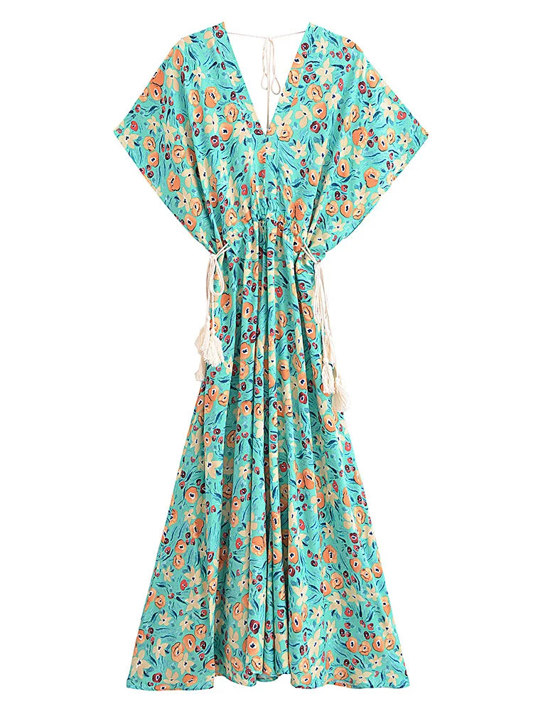 Evergreen Floral Boho Floral Print Midi Dress Comfortable Geometric Print Midi Dress