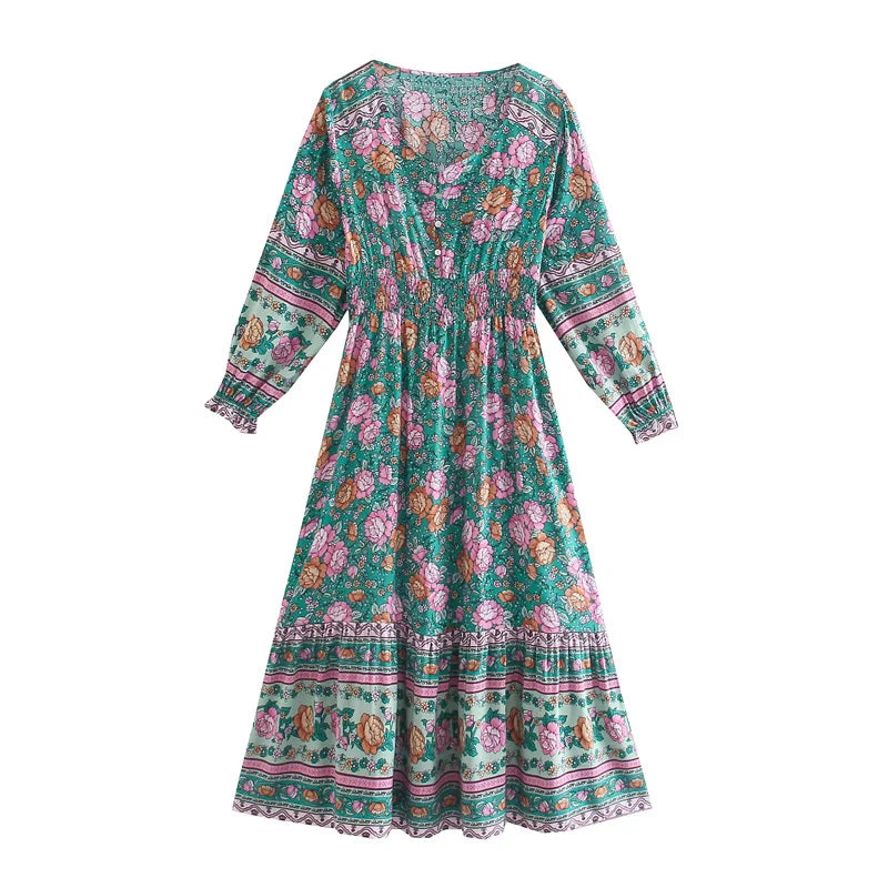 Enchanting Teal Boho Floral Print Midi Dress Trendy Flared Sleeve Midi Dress