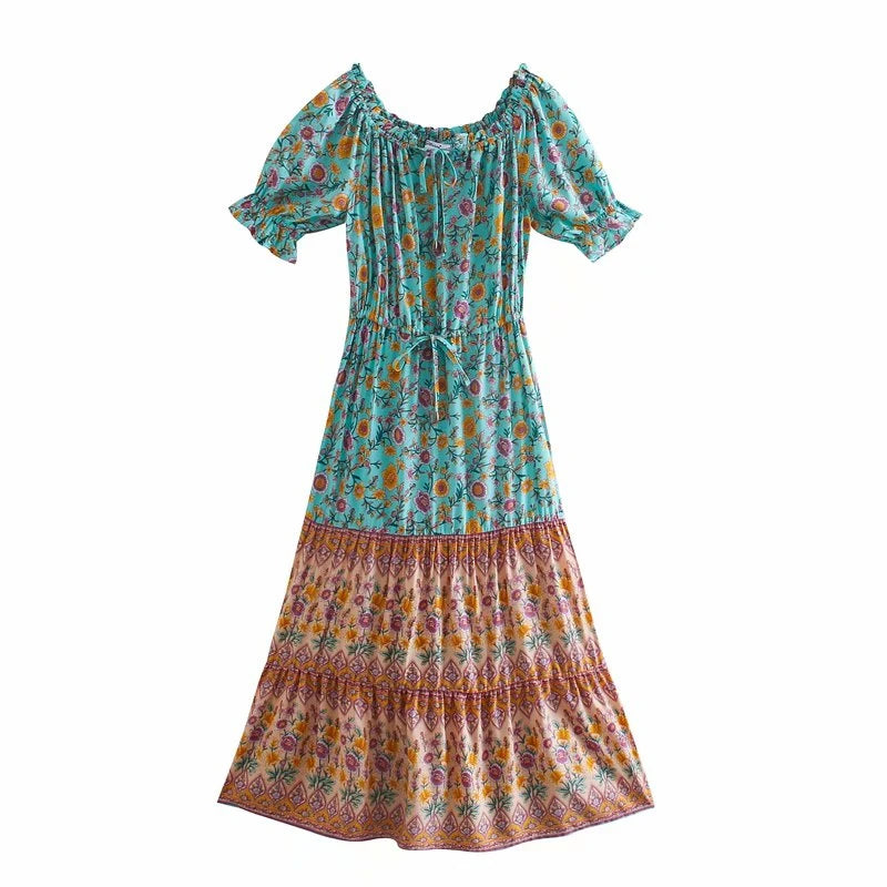 Serene Teal Boho Floral Print Midi Dress Trendy Tiered Hem Midi Dress