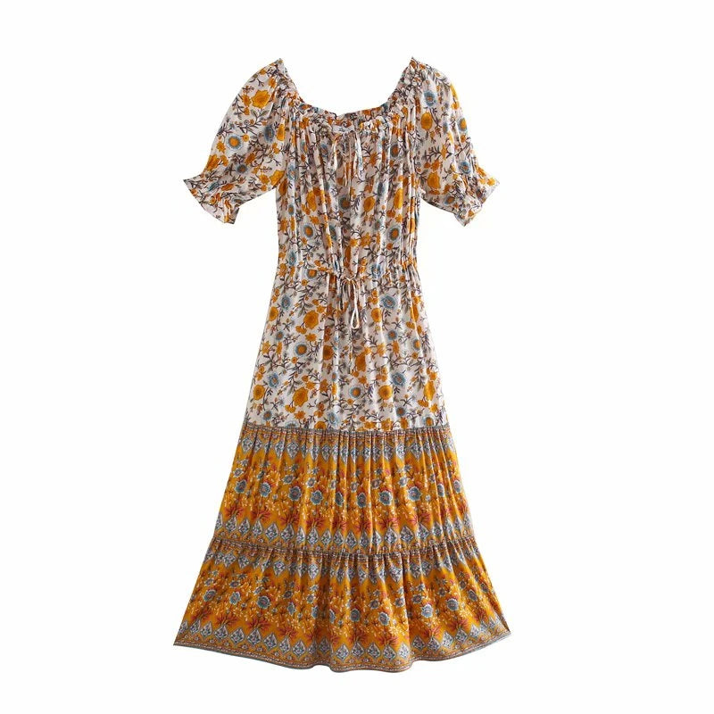 Sunlit Marigold Boho Floral Print Midi Dress Elegant Velvet Midi Dress