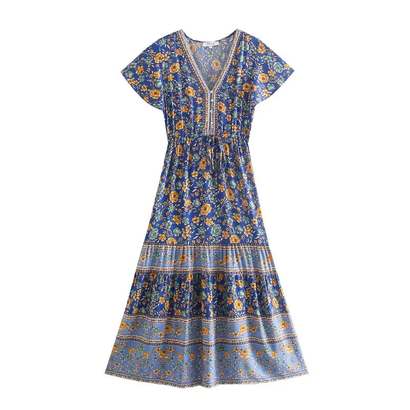 Sapphire Meadow Boho Floral Print Midi Dress Comfortable Adjustable Strap Midi Dress