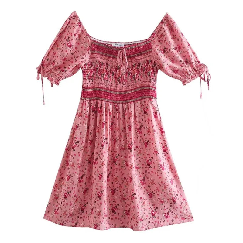 Pink Floral Fantasy Boho Floral Print Mini Dress Trendy Button-Detail Mini Dress