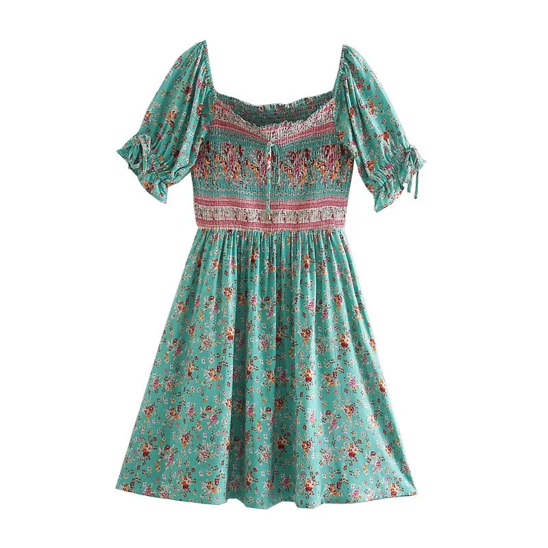 Green Floral Fantasy Boho Floral Print Mini Dress Trendy Denim Mini Dress