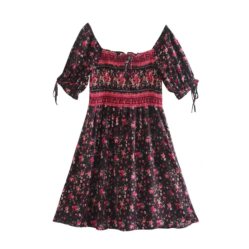 Black Floral Fantasy Boho Floral Print Mini Dress Cozy Satin Mini Dress