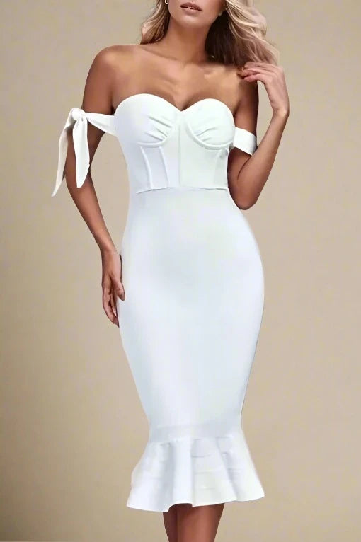 Hunter Bandage Midi Dress - Pearl White Fashionable Pleated Midi Dress