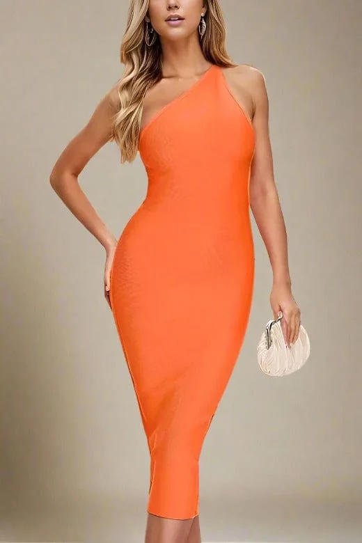 Joi Bodycon Midi Dress - Apricot Orange Stylish Off-Shoulder Ruffle Dress