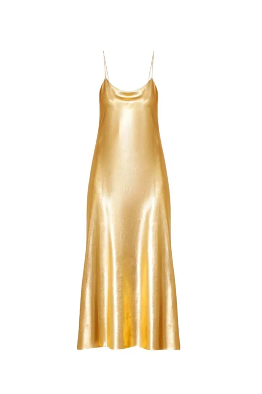 JOSEY GOLD METALLIC COATED SILK MIDI DRESS Chic Bohemian Midi Dress