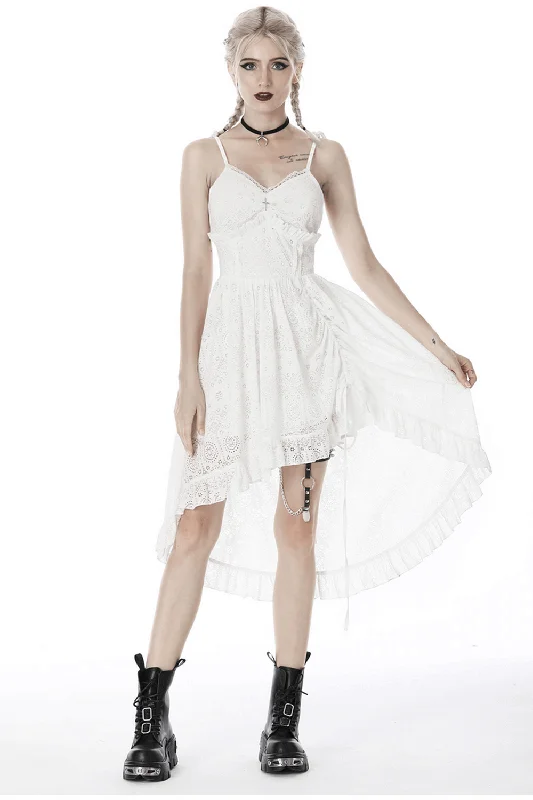 Ladies White Lace Midi Dress with Asymmetric Hem Fashionable Floral Embroidery Midi Dress