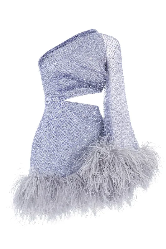 LAVENDER CRYSTAL FEATHERED MINI DRESS Fashionable Boho-Chic Mini Dress