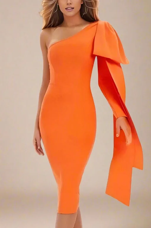 Lela Long Sleeve Bandage Midi Dress - Apricot Orange Comfortable Deep V Midi Dress