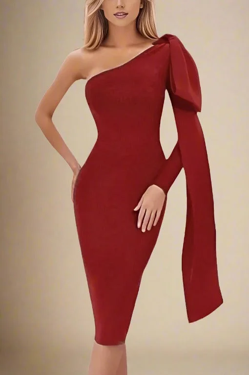 Lela Long Sleeve Bandage Midi Dress - Lipstick Red Elegant Satin Slip Midi Dress