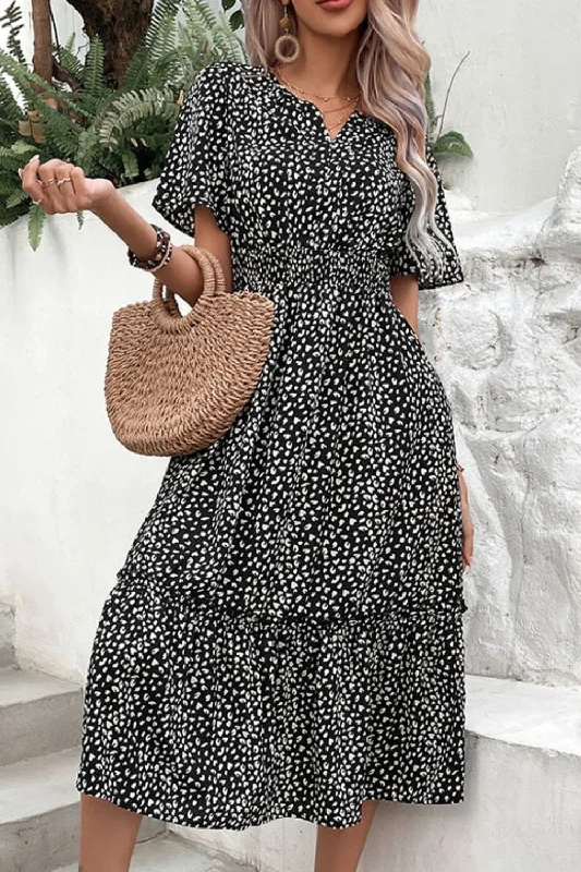 Leopard Print Short Sleeve Midi Dress Trendy Tiered Hem Midi Dress