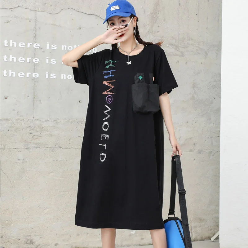 Letter Designed Summer Short Sleeves Plus Sizes Midi Dresses Comfortable Deep V Midi Dress