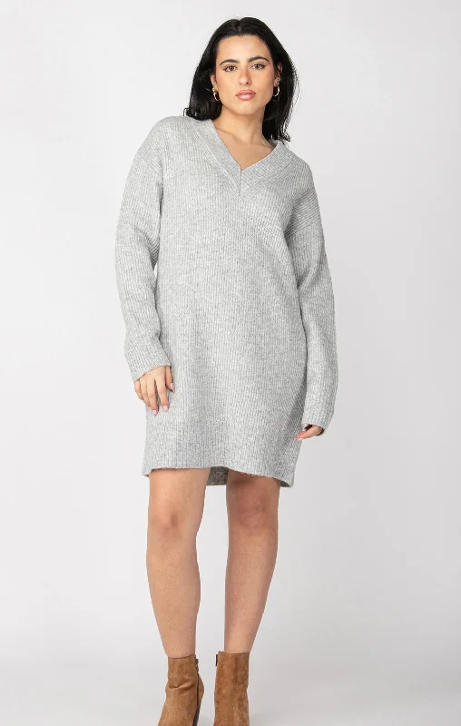 Light Gray Melange VNeck Mini Dress Comfortable Fit-and-Flare Mini Dress