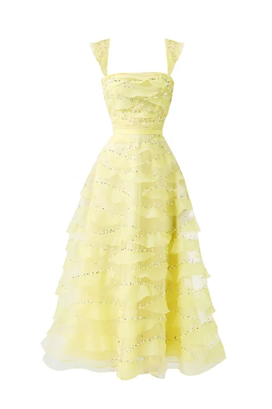 LIGHT YELLOW ORGANZA LAYERED MIDI DRESS Elegant Velvet Midi Dress