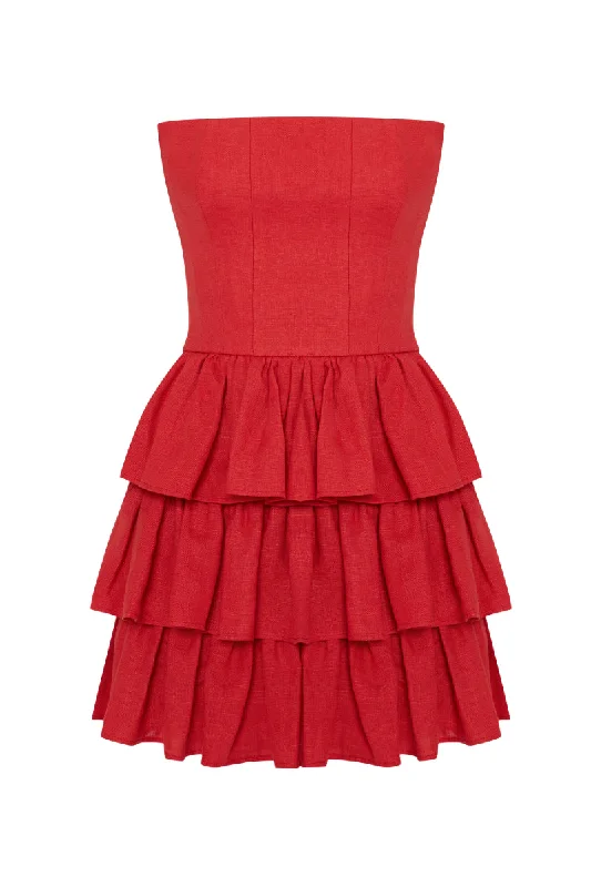 MILA GOJI RED STRAPLESS LINEN RUFFLE MINI DRESS Classic Casual Mini Dress