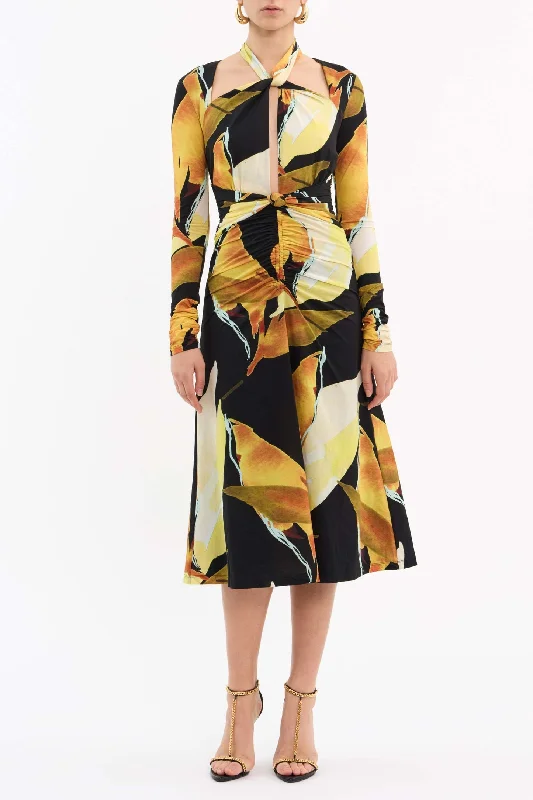 PETALS OF PARADISE LONG SLEEVE MIDI DRESS Stylish Halter Neck Midi Dress