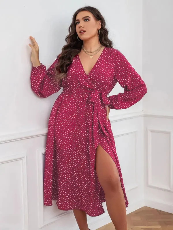 Blue Zone Planet |  Plus size polka dot long sleeve midi dress Trendy Mock Neck Midi Dress