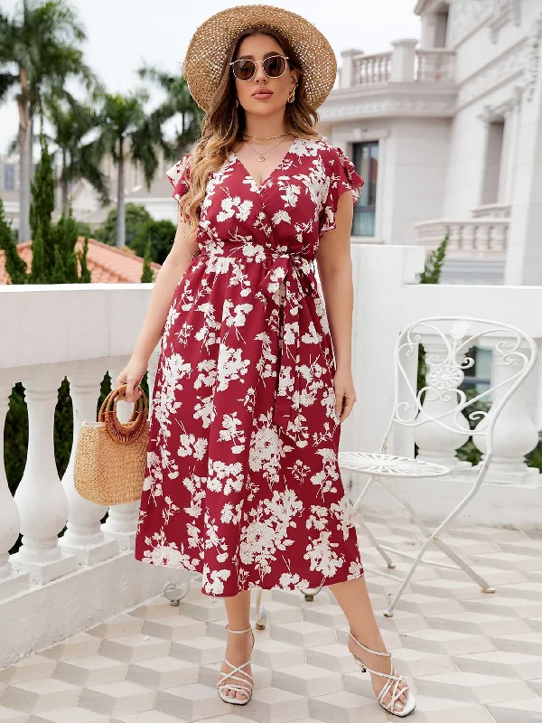 Let's Keep It Simple Plus Size Floral Tie Waist Surplice Neck Midi Dress Elegant Satin Button Midi Dress