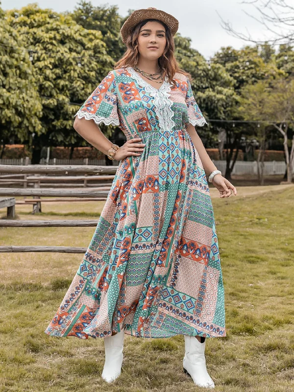 Plus Size Lace Detail Printed Half Sleeve Midi Dress Chic Bohemian Midi Dress