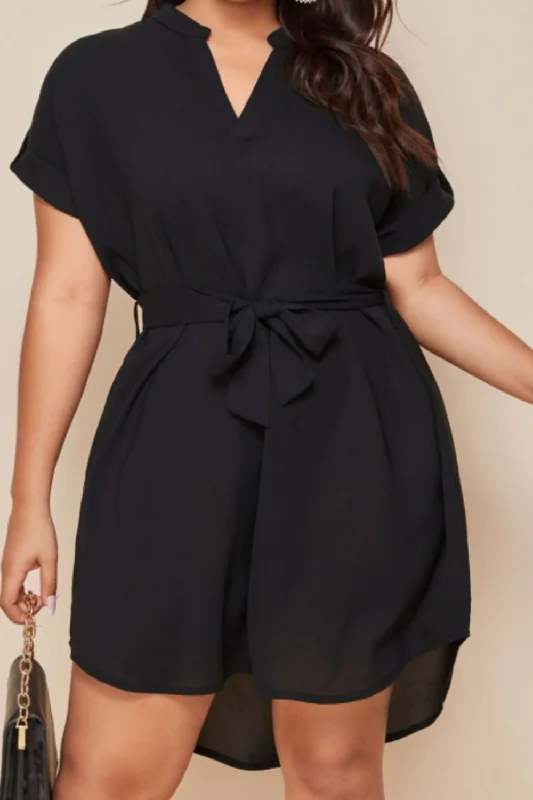 Plus Size Notched Tie Waist Mini Dress Fashionable Button-Front Mini Dress