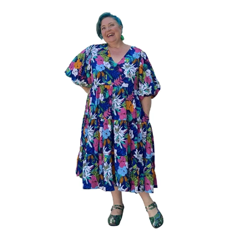 Plus Size Pollyanna Midi Dress in Cool Blue Floral Comfortable Casual Midi Dress