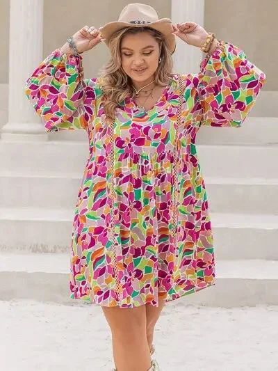 Blue Zone Planet |  Plus Size Printed V-Neck Balloon Sleeve Mini Dress Cozy Ribbed Mini Dress