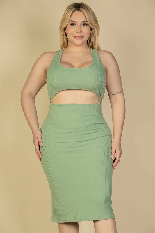 Bodycon Midi Dress in Plus Size Ribbed Fabric with Cutout Front and Crisscross Back Cozy Knit Midi Dress