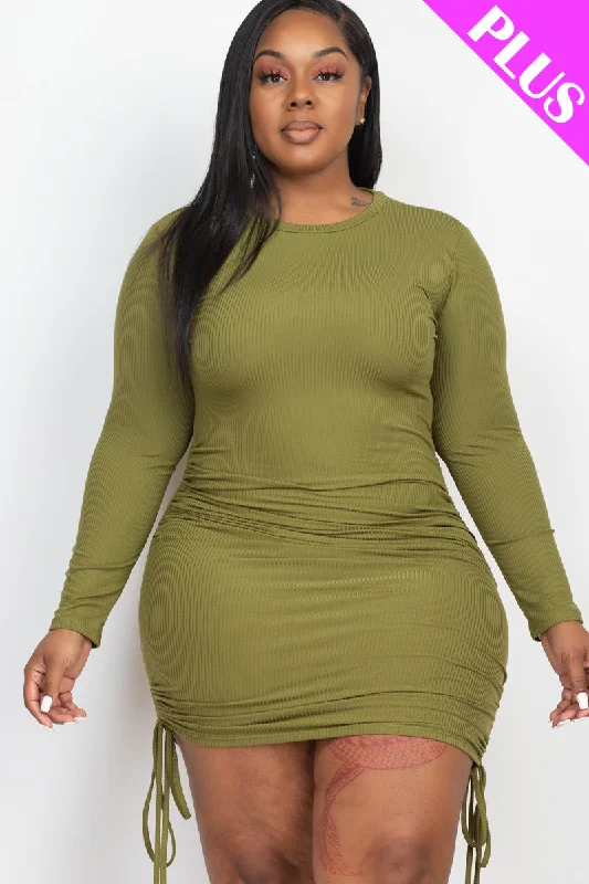 Ribbed Bodycon Midi Dress with Long Sleeves and Drawstring, Plus Size Trendy Midi Dress with Belt