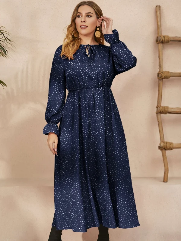 Blue Zone Planet |  Plus Size Ruffled Polka Dot Long Sleeve Midi Dress Stylish Long Sleeve Floral Midi Dress