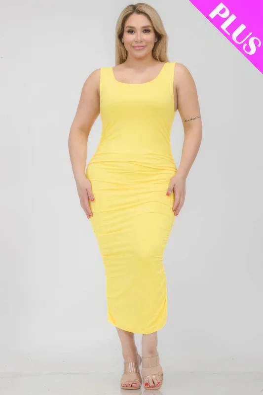 Plus Size Square Neck Ruched Bodycon Midi Dress Elegant Puff Sleeve Midi Dress