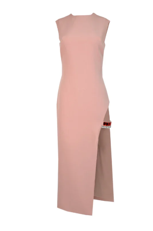 POWDER PINK CRYSTAL-ADORNED MIDI DRESS Elegant Sleeveless Midi Dress