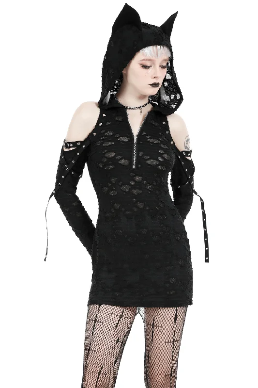 Punk Lace Zip-Up Mini Dress with Hood and Cat Ear Comfortable Bodycon Mini Dress