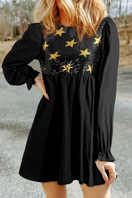 Sequin Star Round Neck Flounce Sleeve Mini Dress Comfortable Shift Mini Dress