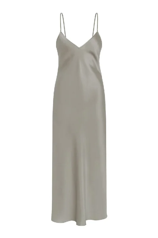 SHERYL PEARL-GREY V-NECK SILK SATIN MIDI DRESS Stylish Color Block Midi Dress