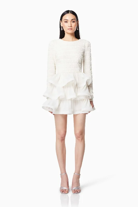 Sophisticate Ruffled Long Sleeved Mini Dress In White Chic Halter Mini Dress