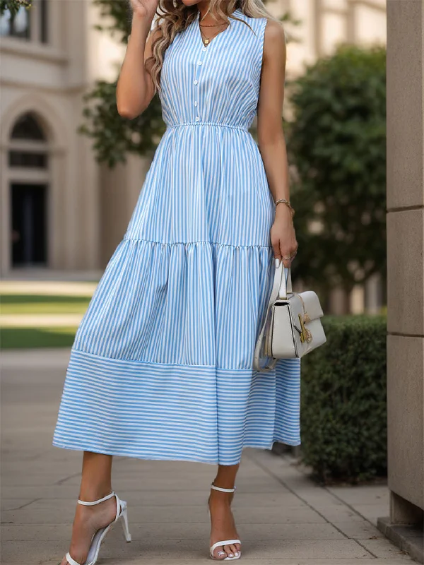 Striped Notched Sleeveless Midi Dress Cozy Wide Strap Midi Dress