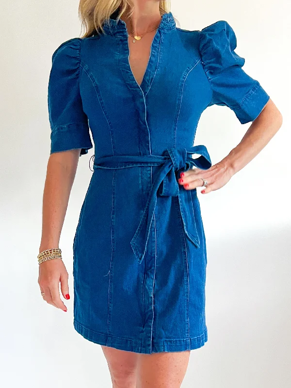 Jamie Denim Puff Belted Mini Dress Fashionable A-Line Mini Dress