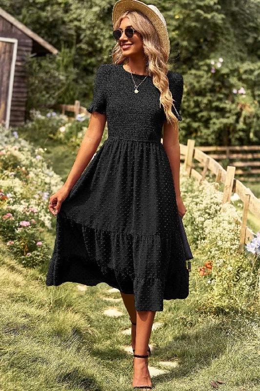 Swiss Dot Smocked Round Neck Short Sleeve Midi Dress Cozy Ribbed Knit Midi Dress